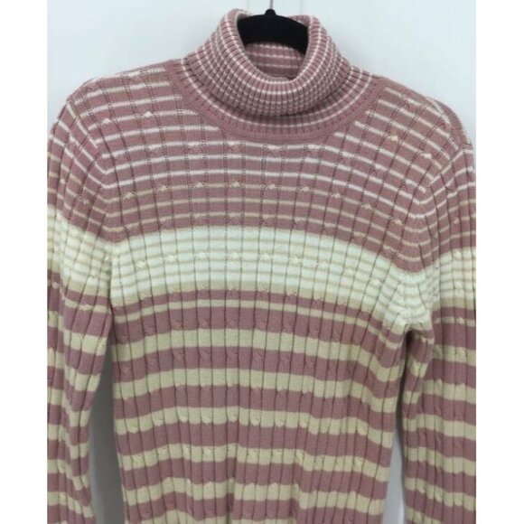 liz & co Sweater Size Large Pink Stripe Cable Knit Turtleneck Long Sleve New B13 - Picture 2 of 9